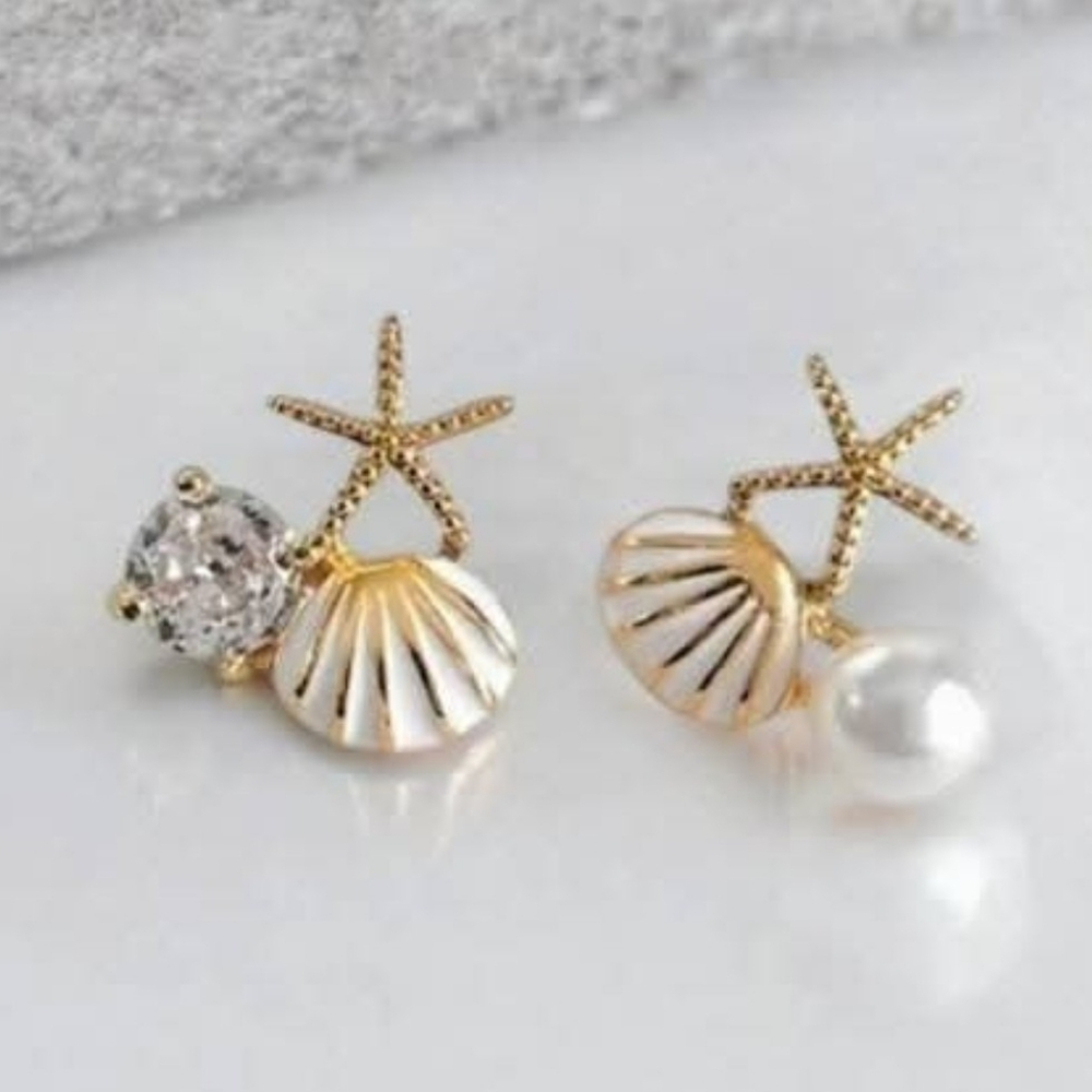 Gold Starfish White Sea Shell Earrings